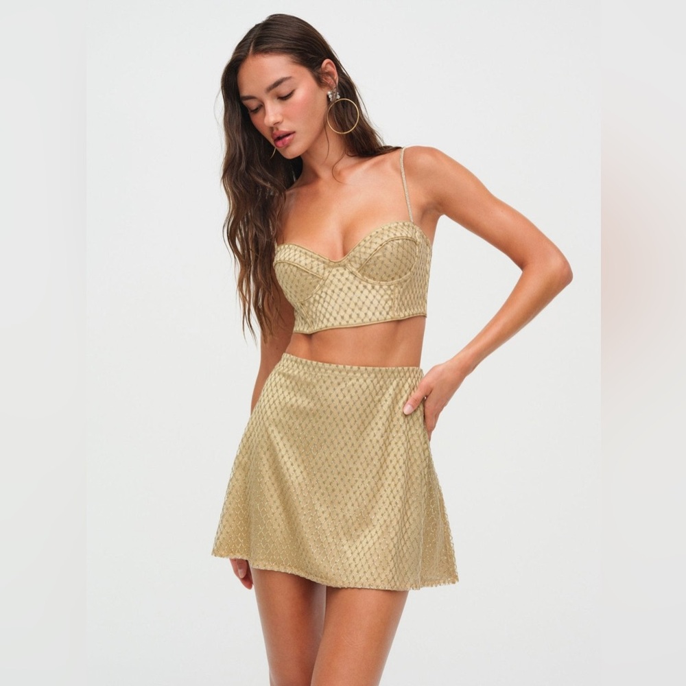 For Love And Lemons Cream Tan Sequin Mini Skater Skirt